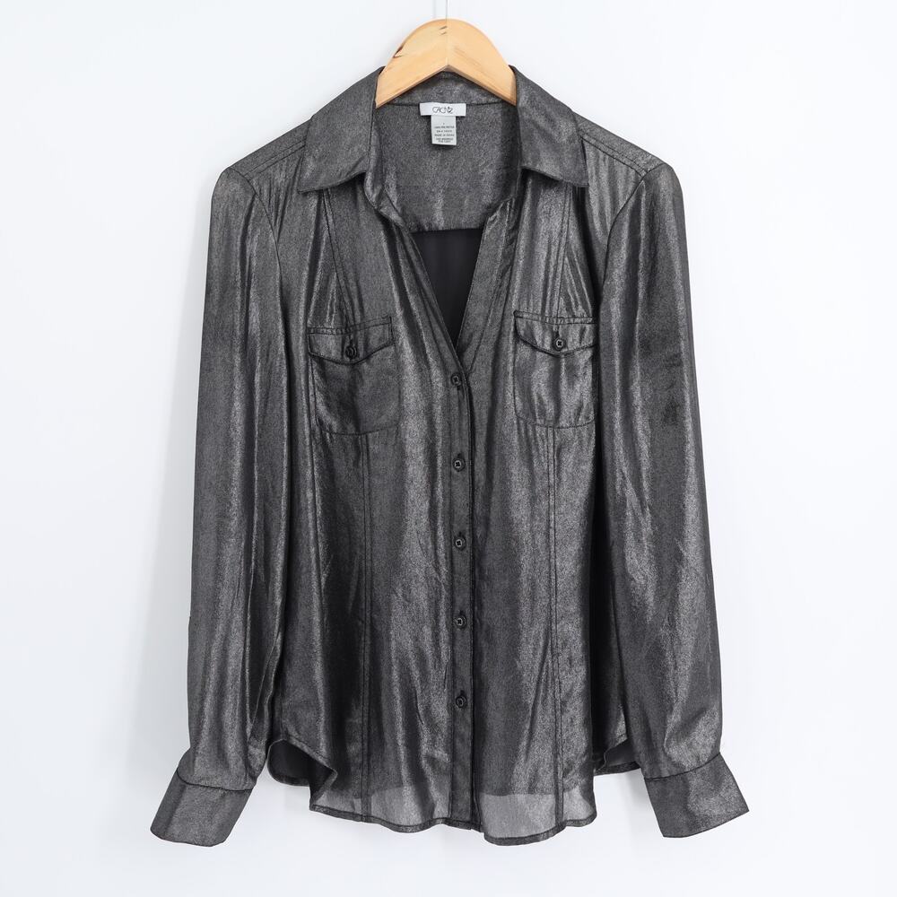 Cache Sz L Women's Metallic Black Silver Shirt Long Sleeve Semi Sheer Party - Picture 2 of 9